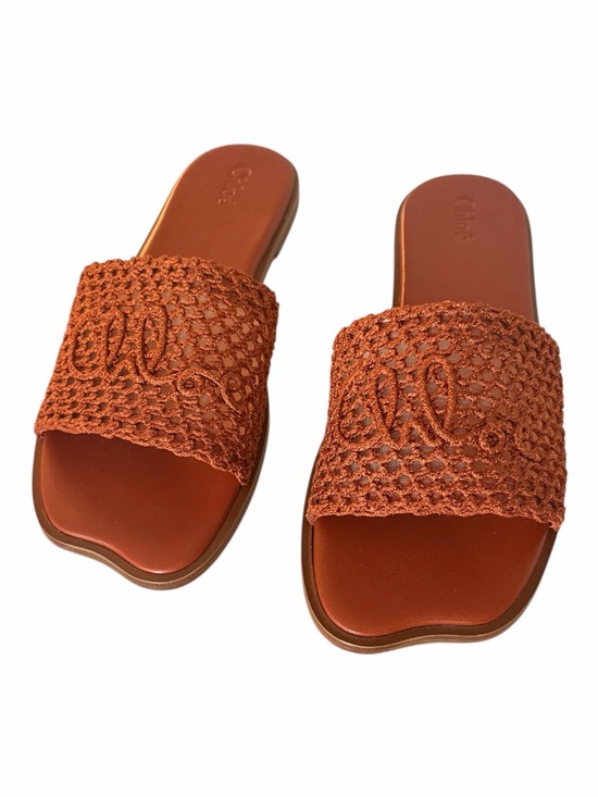 Chloe Shoes - Chloé Flower Leather Crochet Logo Slide Sandals 37.5 / US 7.5 Rust Brown New